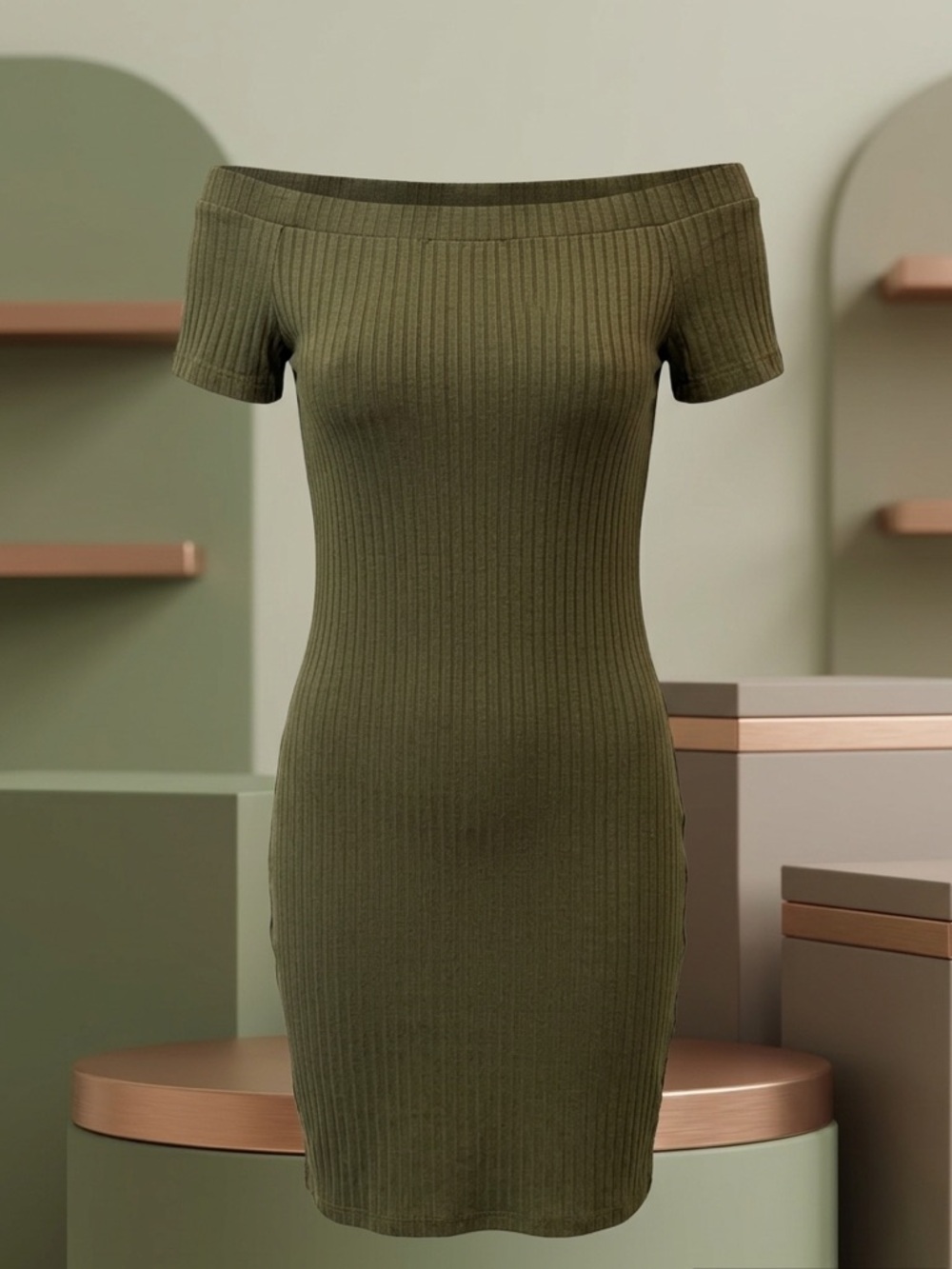 Ambiance Olive Off-Shoulder Ribbed Knit Dress